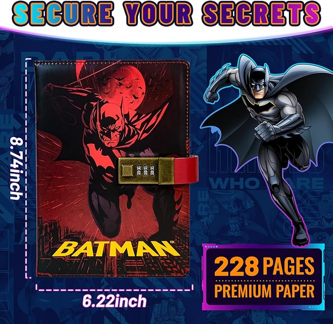 Superhero Diary with Lock for Boys – Comic-Inspired PU Leather Notebook Journal with Lock 228 Pages – Locked Diary Planner Organizer for Boys, Girls, Teens, Fans, School or Gift Use