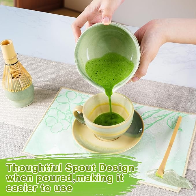 Matcha Whisk Set, Matcha Set 7 Pcs, Ceramic Matcha Bowl with Spout, Bamboo Chasen Whisk & Holder, Scoop, Sifter, Tea Towel, Ideal Gift Christmas, Birthday(Mottled Green)