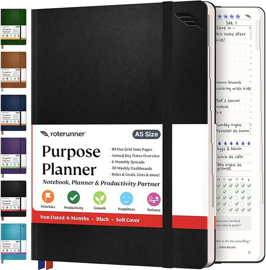 Roterunner Purpose Planner Notebook A5 5.8”x8.3” Undated 2025 Daily Weekly and Monthly Productivity Goal Setting Tool for Work Home ADHD Planner for Adults Self Care Journal (Black Softcover)
