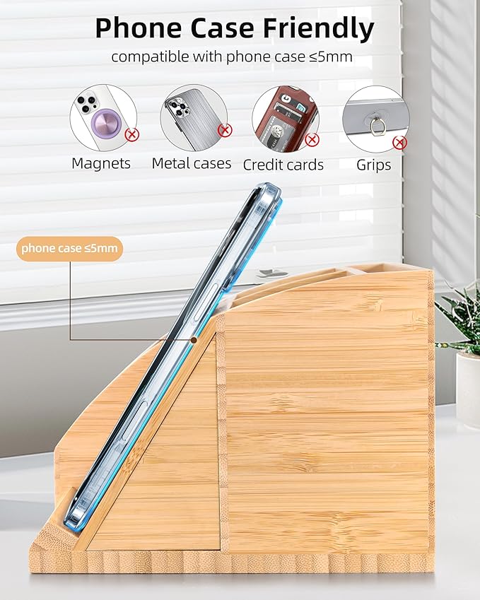 Bamboo Pen Holder with Wireless Charger, Desk Organizer with 5 Compartments for Home Office Supplies Compatible with iPhone & Samsung Series
