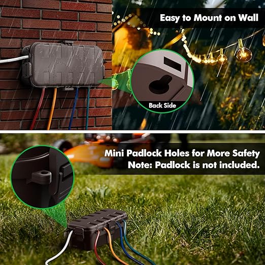 RESTMO Outdoor Electrical Box, IP54 Weatherproof Extension Cord Cover with 6 Cable Entry Ports, Waterproof Connection Box Protect Power Strip, Timer, Plug, Holiday Lights, (11.5x5.2x4 inch), Brown