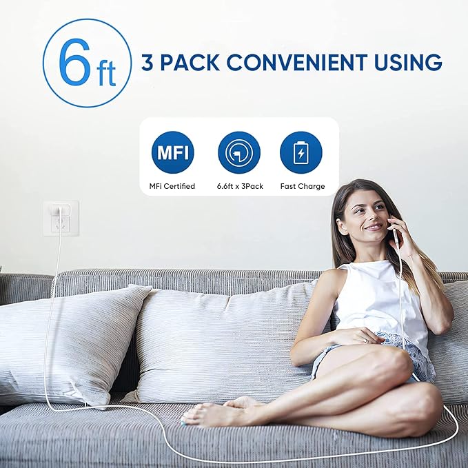 3 Pack Fast Charger iPhone,【Apple MFi Certified】6FT iPhone Charger Fast Charging USB C Block Wall Adapter 6 Foot Type C to Lightning Cable for iPhone 14 Pro Max/14 Plus/13 Pro/12/12Pro/11/XS/X,AirPods
