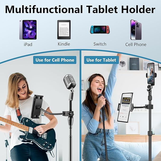 Gooseneck Tablet Holder, iPad Holder for Stroller/Treadmill/Golf Cart/Boat/Mic Stand/Wheelchair/Gym Bicycle Handlebar Clamp, Compatible with 4.7-12.9" Tablets and Phones,Galaxy, E-Readers