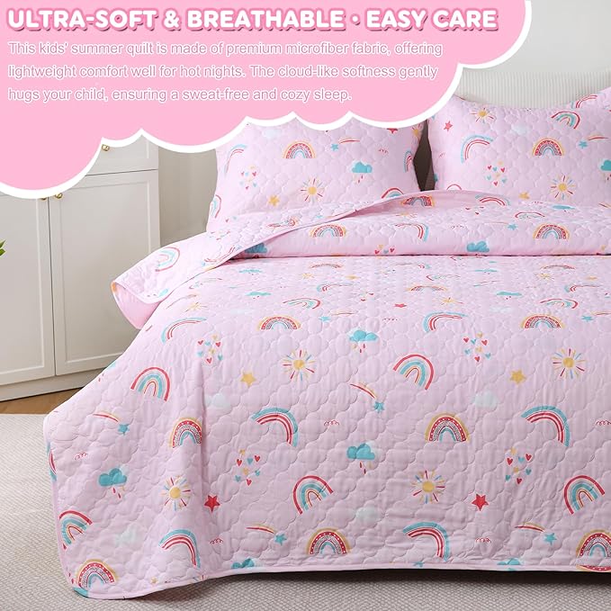 Pink Girls Rainbow Quilt Set Queen Size Kids Bedding Sets Lightweight Summer Bedspread Soft Microfiber Breathable Bed Comforter All-Season