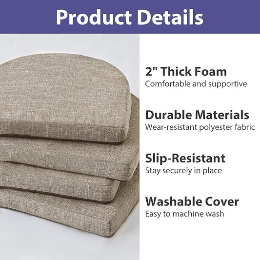 Chair Cushions for Dining Chairs with Ties and Removable Cover, Dining Kitchen Chair Pads with Non-Slip Bottom, High-Resilience Indoor Seat Cushions, 16'' x 16'' x 2'', Set of 4, Khaki