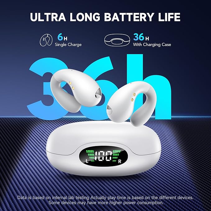 Open Ear Earbuds Wireless Bluetooth 5.3 Earphones, Flexible Clip On Ear buds with 36H Playtime LED Display Bone Conduction Headphones, Waterproof Light Weight Fit for Every Ear, Sport Elegant White