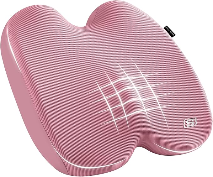 Skechers Memory Foam Seat Cushion,Ribbed Fabric Office Chair Cushion for Tailbone Pain Relief,Butt Pillow for Office Chair,Car Seat Cushion,Long Sitting Office Workers,and Car Drivers,Pink