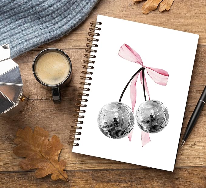 Coquette Trendy Retro Disco Ball Cherry Pink Notebook,Preppy Funky Cherry Disco Notebook Journal,Pink Girly Notebook,Preppy Gifts for Women,Pink Office Supplies,Spiral Notebook 5.5x8.3 Inch