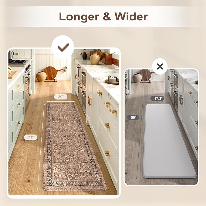 KIMODE Anti Fatigue Mats for Kitchen Floor, 20"x71" Boho Vintage Kitchen Runner Rug, Cushioned Floor Mat Non Slip, Memory Foam Standing Mat for Sink Laundry Office Desk Brown