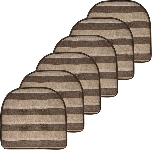 Sweet Home Collection Chair Cushion Memory Foam Pads Tufted Slip Non Skid Rubber Back U-Shaped 17" x 16" Seat Cover, 6 Pack, Bradford Chocolate/Beige, (Pack of 2)