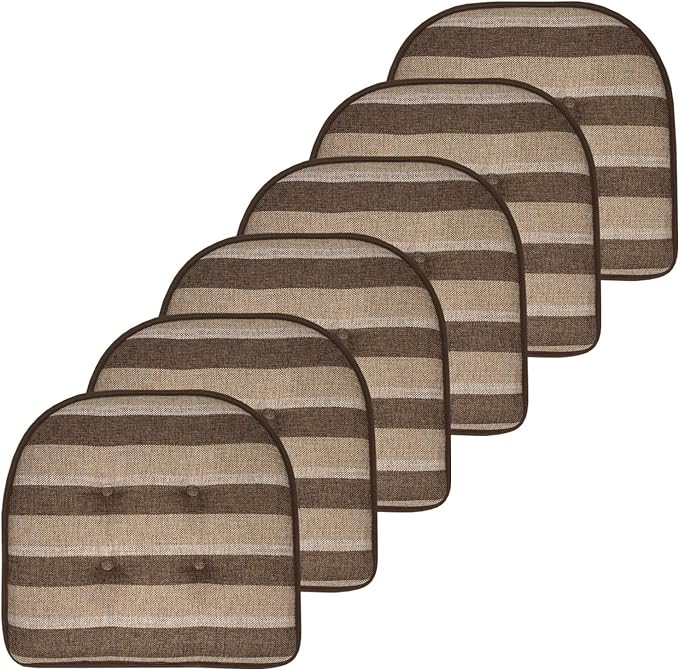 Sweet Home Collection Chair Cushion Memory Foam Pads Tufted Slip Non Skid Rubber Back U-Shaped 17" x 16" Seat Cover, 6 Count (Pack of 1), Bradford Chocolate/Beige