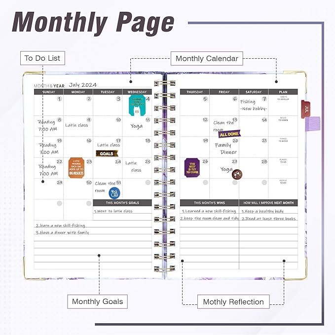 Ospelelf Undated Mini Planner Daily Spiral Binding Weekly Monthly Hardcover Calendar Planners with Stickers 12 Months Productivity Aesthetic Journey Booklet Size Purple Marble