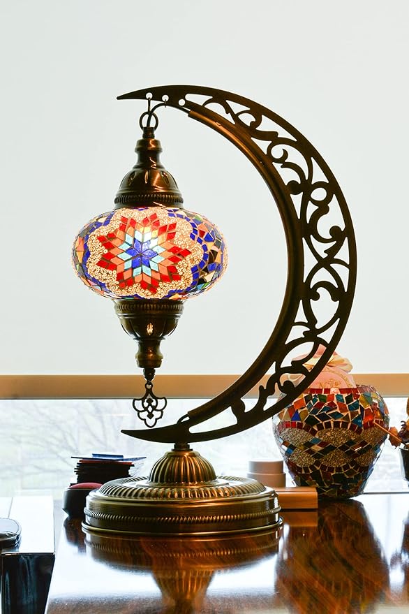 mozaist Turkish Mosaic Crescent Shape Table Lamp, Moroccan Moon Boho Handmade Desk Light, Farmhouse Rustic Living Room Decorative Lighting, Bedside Nightstand with E12 Socket & US Plug (Multicolor)