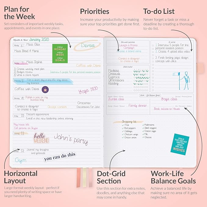 GoGirl Planner PRO - Undated Horizontal Layout Weekly Planner and Organizer + Budgeting and Expense Tracking Pages, Goals Journal & Agenda, 7" x 10" Hardcover, Lasts 1 Year - Peach Pink