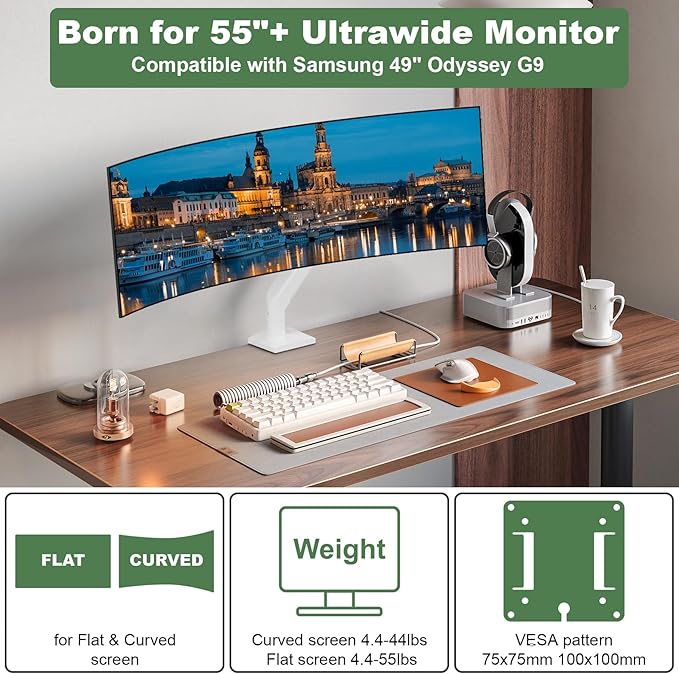 White Monitor Arm for 17”-57” Screens up to 55lbs, Premium Aluminum Ultrawide Monitor Mount for Samsung 49” Odyssey G9 and LG, VESA 75/100mm