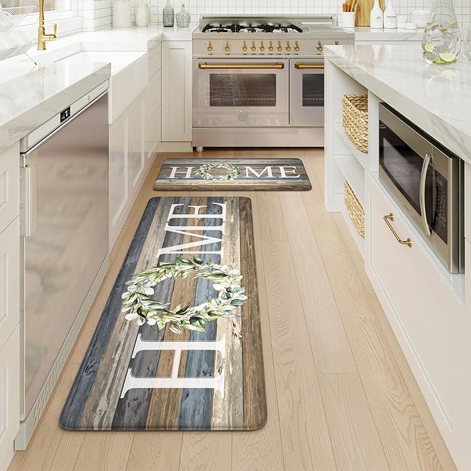 KIMODE Anti Fatigue Mats for Kitchen Floor,Comfort Cushioned Rugs Sets of 2,Wide Farmhouse Memory Foam Carpet Non Slip for Laundry Sink Office Bathroom,Blue 20"x47"+20"x32"