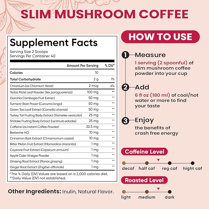 Venture Pal Slim Mushroom Coffee for Weight Loss, Instant Coffee with Berberine, Cinnamon, Yerba Mate, Turmeric, & More, 1800mg(10:1) Extract for Diet Support & Metabolism Boost - 40 Servings