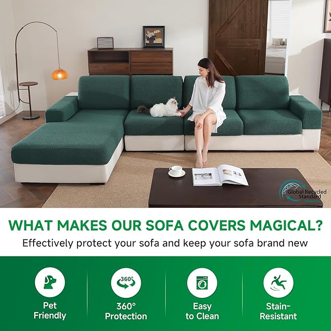 Couch Cushion Covers for Sectional Sofa, Stretch Soft Sofa Slipcovers Washable Wear-Resistant Universal Furniture Protector for Living Room(1 Piece Oversized Cover, Green)