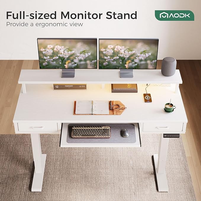 AODK Electric Standing Desk with Drawers & Keyboard Tray, 55 Inch Height Adjustable Gaming Desk with Power Outlets & LED Lights, Sit Stand Table with Monitor Stand for Home, Office, White