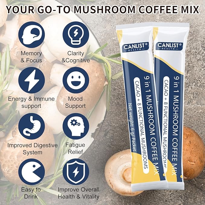 CANLIST Organic 9 in 1 Mushroom Coffee Powder with Lion's Mane & Chaga,Cordyceps, Reishi, Shiitake for Cognitive Focus, Immune Support & Stress Relief, Non-GMO & Vegan Friendly（20 Stick Packets）