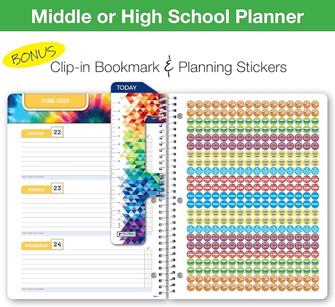 Global Datebooks Dated Middle School or High School Student Planner for Academic Year 2025-2026 Includes Ruler/Bookmark and Planning Stickers (Block Style - 8.5"x11" - Rainbow Linen)