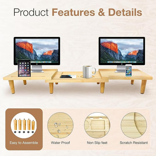 Dual Monitor Stand Riser - Solid Wood 3 Panels Laptop Riser with Storage for Phone/Mug - Home/Office Desk Organizer with Adjustable Length & Angle - Modern Computer Stand for PC, Laptop, & more (Natural)