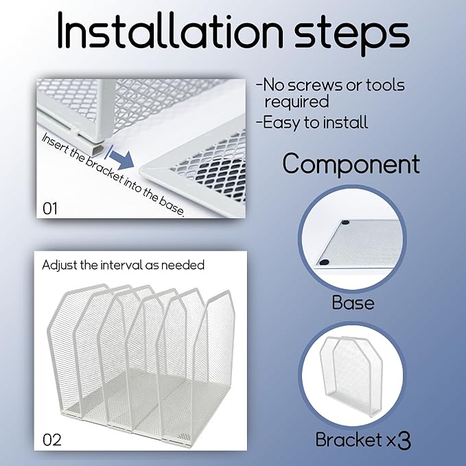 Adjustable Desk File Organizer,Detachable Office Folder Organizer,Compact Vertical Desk File Holder,Wrought Iron Paint,Suitable for Home, School, Office Classrooms (White - 5 grids)
