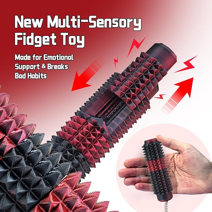 Little Ouchies Spiky Sensory Fidget Toy for Adults – Pain Stim Tool with Clicker, Spinner, Slider, Roller & Spiky Grip | 5‑in‑1 Stress & Anxiety Relief, Portable Keychain(Black & Red Laser)