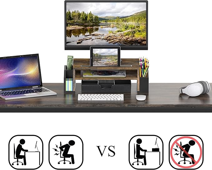 SIMPLE HOUSEWARE Desk Monitor Stand Riser with Adjustable Organizer Tray, Rustic Brown