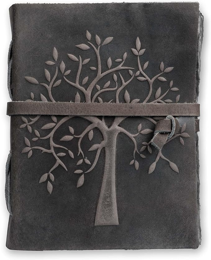 LEATHER VILLAGE Tree of Life Journal - 13 X 8 inches - Rustic Black - 200 Antique Deckle Edge Handmade Paper – Book of Shadows - Vintage Leather Bound Journal for Women & Men