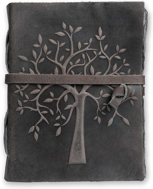 LEATHER VILLAGE Tree of Life Journal - 13 X 8 inches - Rustic Black - 200 Antique Deckle Edge Handmade Paper – Book of Shadows - Vintage Leather Bound Journal for Women & Men