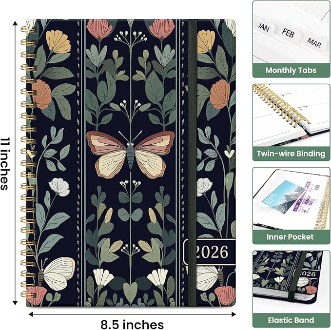 2026 Planner, Monthly and Weekly Calendar Planner for Women, January 2026 - December 2026, Hardcover Pretty 2026 Agenda Planner Book with Tabs, Spiral Bound, Perfect for School Office Home Supplies, 8.5" x 11" - Butterfly Tapestry