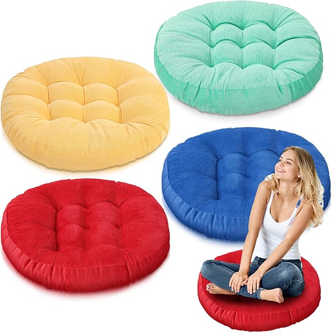 Jerify 4 Pcs Floor Pillow Cushions 22 x 22 Inch Round Square Large Meditation Floor Pillow for Classroom Adult Meditation Picnic Party Cushion for Seating Gift Christmas(Colorful,Round)