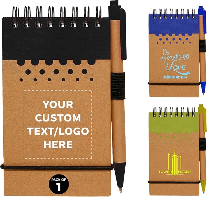 DISCOUNT PROMOS 1 Recyclable Spiral Small Notebooks Pack - Customizable Text, Logo - 60 Lined Pages - Black