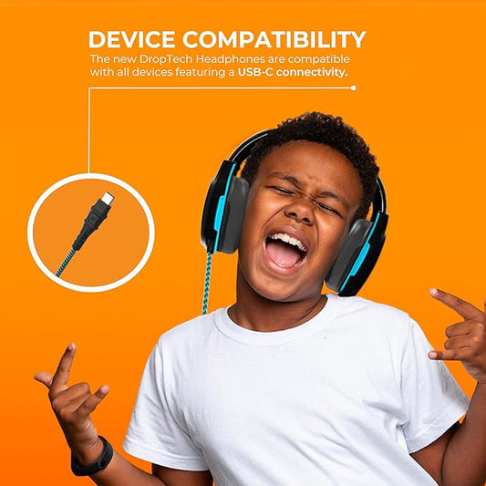 Gumdrop DropTech On-Ear Wired Headphones with USB-C Type and Long Tangle Free, Chew-Proof Cord - Rugged, Reliable, Drop Tested and Comfortable for Kids, K-12 Students, Classroom and School Use - Black