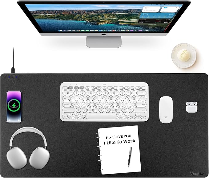 Wireless Charging Mouse Pad Firelison 2 in 1 Leather Multifunctional Office Desk Pad with Non-Slip Rubber Base, Waterproof Desk pad for Computers/Office/Work/Home/Decor（ 36" x 17"Black - L）