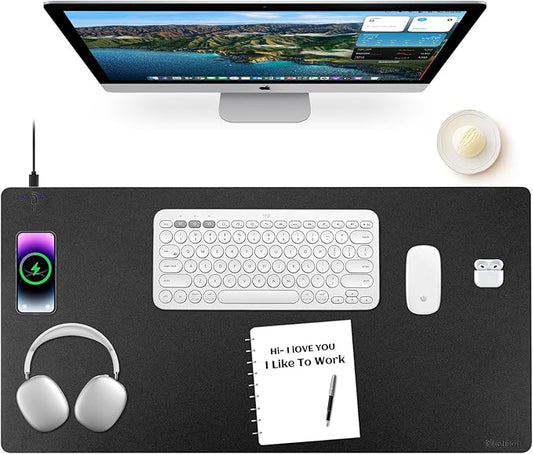 Wireless Charging Mouse Pad Firelison 2 in 1 Leather Multifunctional Office Desk Pad with Non-Slip Rubber Base, Waterproof Desk pad for Computers/Office/Work/Home/Decor（ 36" x 17"Black - L）