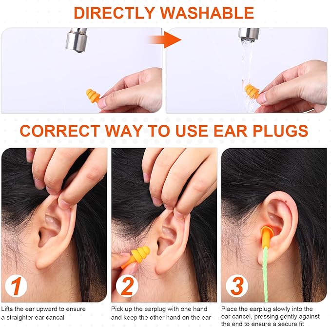 Tondiamo 200 Pairs Ear Plugs Reusable Silicone Earplugs with Cord Sleeping Individually Wrapped Hearing Protection Noise Cancelling Earplugs for Work Construction Shooting Sports(Orange, Green)
