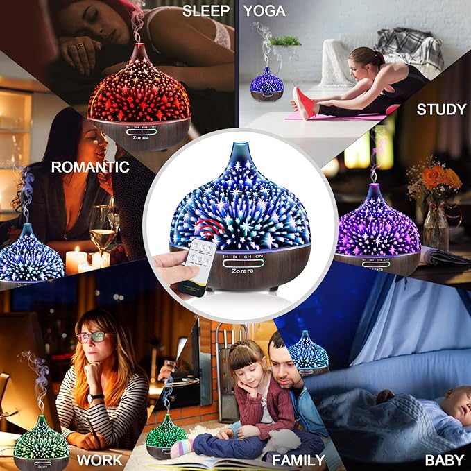 Essential Oil Diffuser 550ml Cool Mist Humidifier 3D Glass Ultrasonic Aromatherapy Humidifier with 7 Color Changing Led Lights, Waterless Auto Shut-Off, Adjustable Timer, Remote Control, Star
