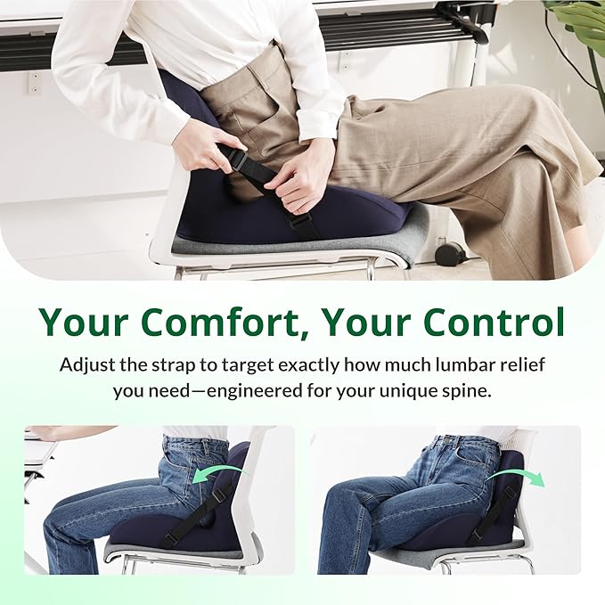 Ergonomic Seat Cushion for Sciatica Relief & Long Driving - Memory Foam Back Support with Adjustable Strap, Non-Slip Base & Removable Mesh Cover - Office, Car (Navy Blue)