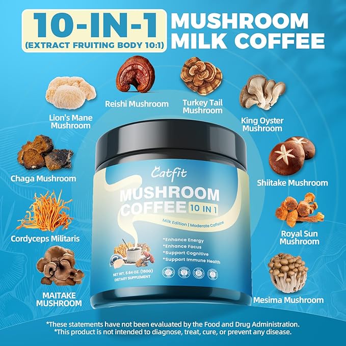 Mushroom Coffee,10 Adaptogenic Mushrooms And Milk Powder MCT Oil, Hydrolyzed Collagen, Instant Coffee with Lion's Mane, Chaga, Cordyceps, L-Theanine for Energy, Focus, Digestion and Immunity, 160G