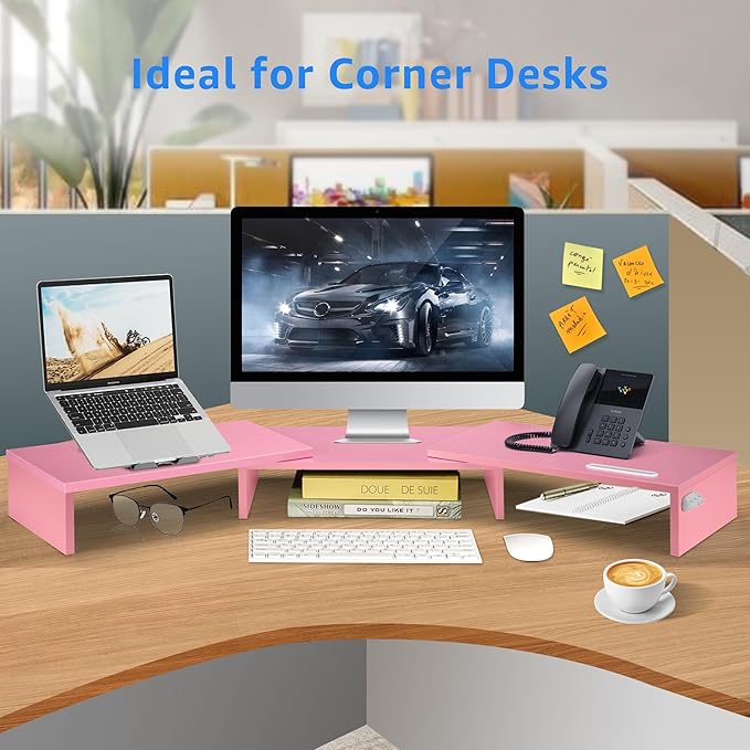 Dual Monitor Stand Riser for 2 Monitors, Monitor Stand for Desk, Adjustable Length & Swivel Angle Wooden Desktop Organizer Stand Riser with Smartphone Holder for PC Monitor Laptop, Pink
