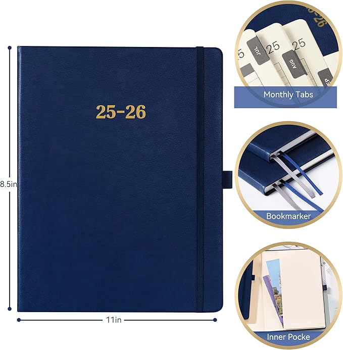 Planner 2025-2026 - Academic Planner 2025-2026, Leather Calendar Weekly and Monthly, 9"x11", July 2025 - June 2026, Leather Hardcover, Pen Loop, Elastic Closure, Pocket - Navy