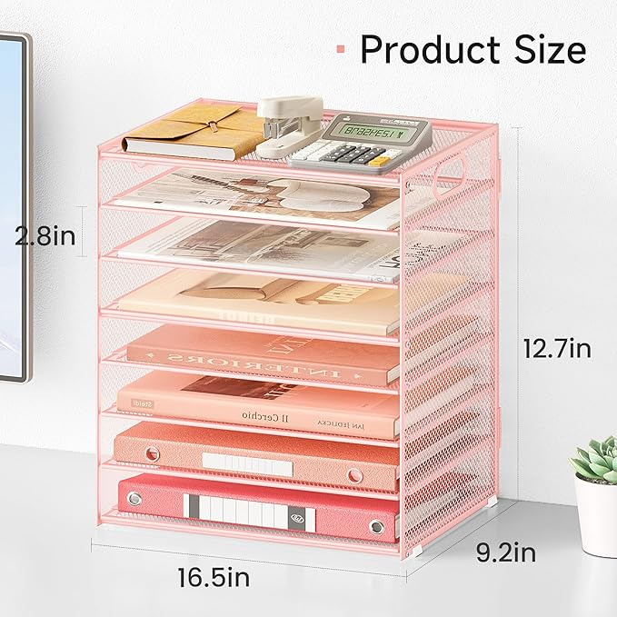 Lavatino 8-Tier Letter Tray Desk Paper Organizer, Mesh File Sorter Tray Organizer for Desk Office Supplies & Home Organization, Fits A4 Paper, Mail, Magazines and Office Accessories (Pink with Handle)