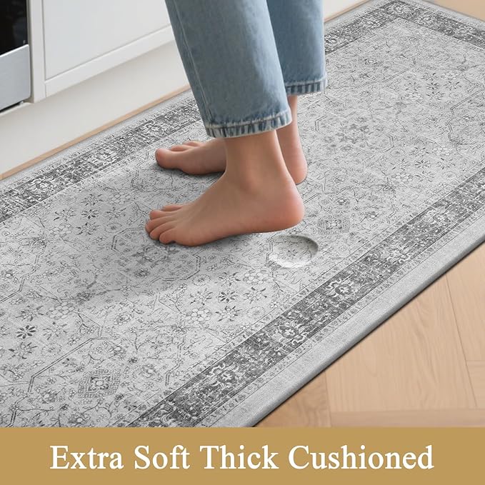 Pauwer Anti Fatigue Kitchen Mat Set of 3 Non Slip Kitchen Mats for Floor Cushioned Kitchen Rugs Comfort Standing Mat Farmhouse Waterproof PVC Foam Kitchen Floor Mat Runner, Light Grey