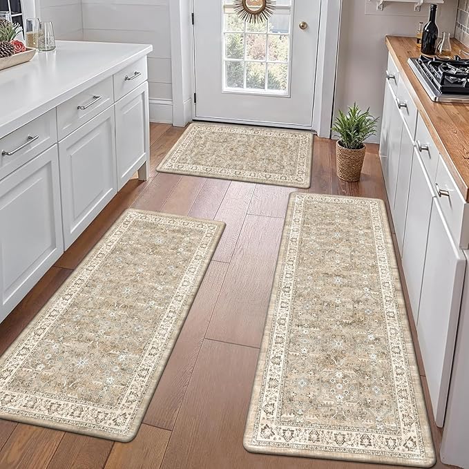 Pauwer Anti Fatigue Kitchen Mat Set of 3 Non Slip Kitchen Mats for Floor Cushioned Kitchen Rugs Comfort Standing Mat Farmhouse Waterproof PVC Foam Kitchen Floor Mat Runner, Beige