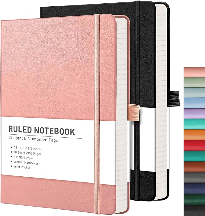 RETTACY Lined Journal Notebook, 2-Pack, 192 Numbered Pages per Pack, A5 Medium Size (5.7'' x 8.3''), for Men & Women, Writing, Work, Leather Hardcover, 100 GSM Thick Paper (Black & Pink)