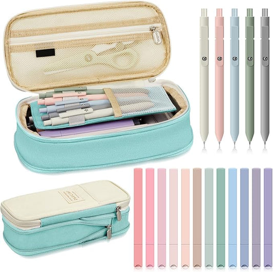 Henoyso 18 Set Aesthetic School Supplies Include Big Capacity Study Pen Bag with Zipper 12 Pcs Chisel Tip Bible Highlighters 5 Pcs Quick Dry Retractable Black Ink Pens for Student Office(Light Green)