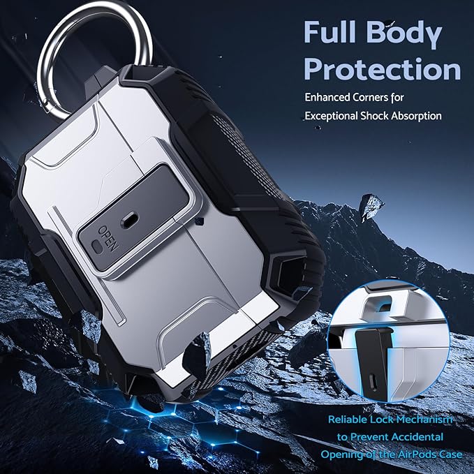 DASFOND Armor Earphone Cover Case for Airpods Pro 2, Military Grade Full Body Shockproof Protection Hard Case, Support Wireless Charging with Keychain, Magnetic Lid, Front LED Visible, Silver