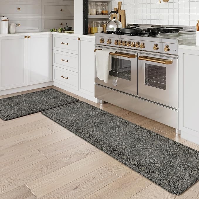 KIMODE Anti Fatigue Kitchen Mats 20"x59"+20"x32", Boho Vintage Kitchen Floor Mats Non Slip, Waterproof Kitchen Mat for Floor, Farmhouse Comfort Standing Mat for Laundry Office Sink Desk Green/Grey